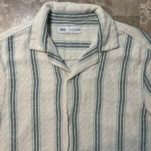 Zara Shirt Mens Medium Blue White Short Sleeve Camp Johnny Collar Knit Beach